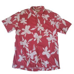 Quiksilver Waterman Hawaiian Floral Button Up Shirt Pink White Cotton M Regular